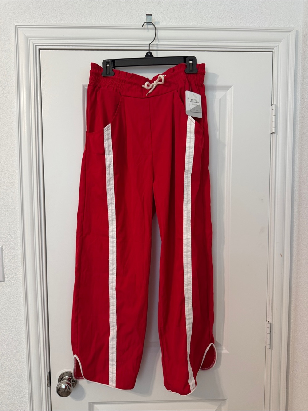 Women Red Pull-On Athletic Pants with White Side Stripes
